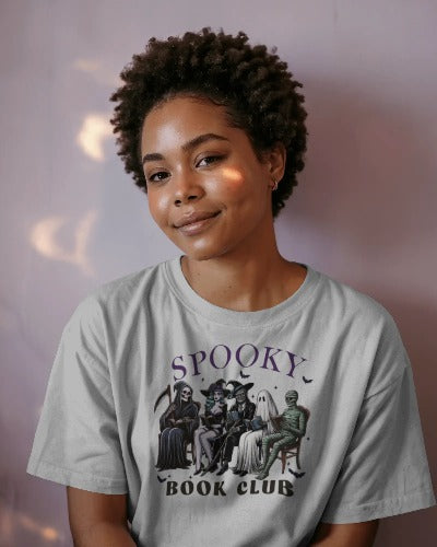 Spooky Book Club Graphic Tee Halloween Squad on a Bench