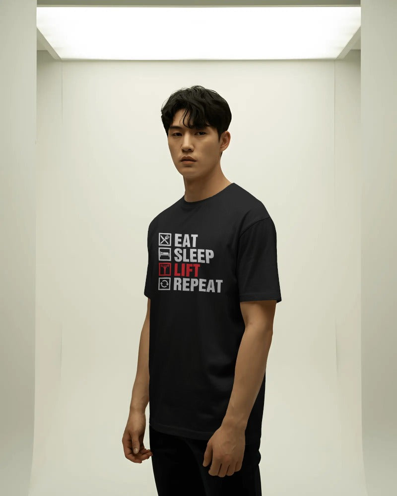 "Eat Sleep Lift Repeat" Men's Cotton T-Shirt - Gym Life Checklist Graphic Tee