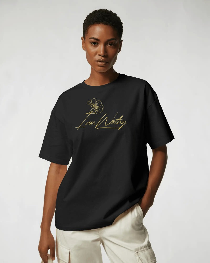 I Am Worthy – Gold Floral Affirmation Tee