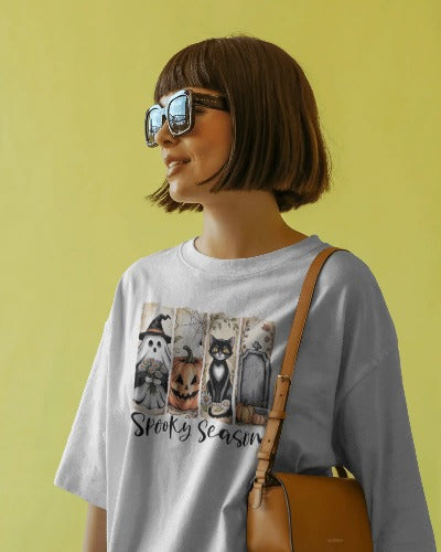 Spooky Season Halloween T-Shirt - Cute Fall Autumn Graphic Tee with Pumpkins & Ghosts