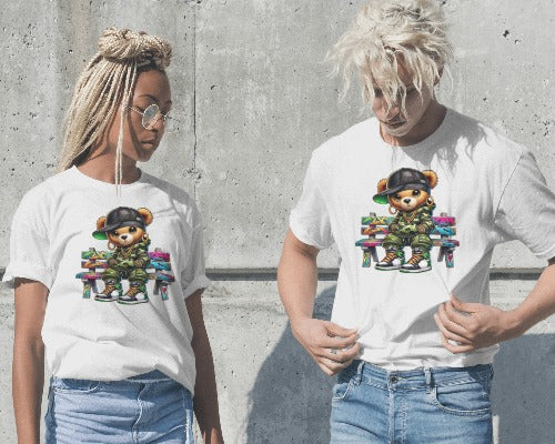Hip Hop Teddy Bear Graphic T-Shirt - Street Art Graffiti Bear Tee - Urban Streetwear Fashion