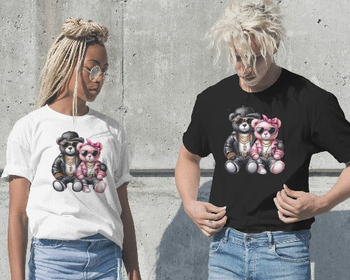 Cool Bear Couple Graphic T-Shirt - Hip Hop Teddy Bears with Sunglasses - Streetwear Fashion Tee