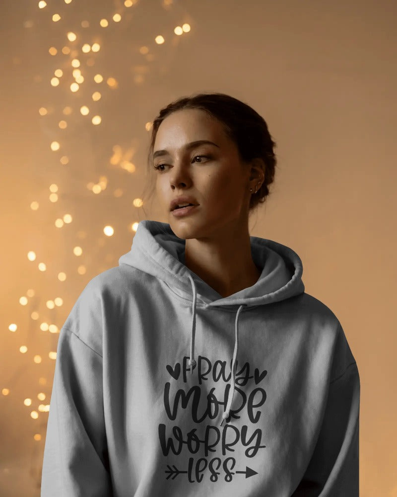 "Pray More Worry Less Hoodie – Inspirational Faith Graphic Hoodie"