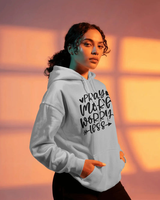 "Pray More Worry Less Hoodie – Inspirational Faith Graphic Hoodie"