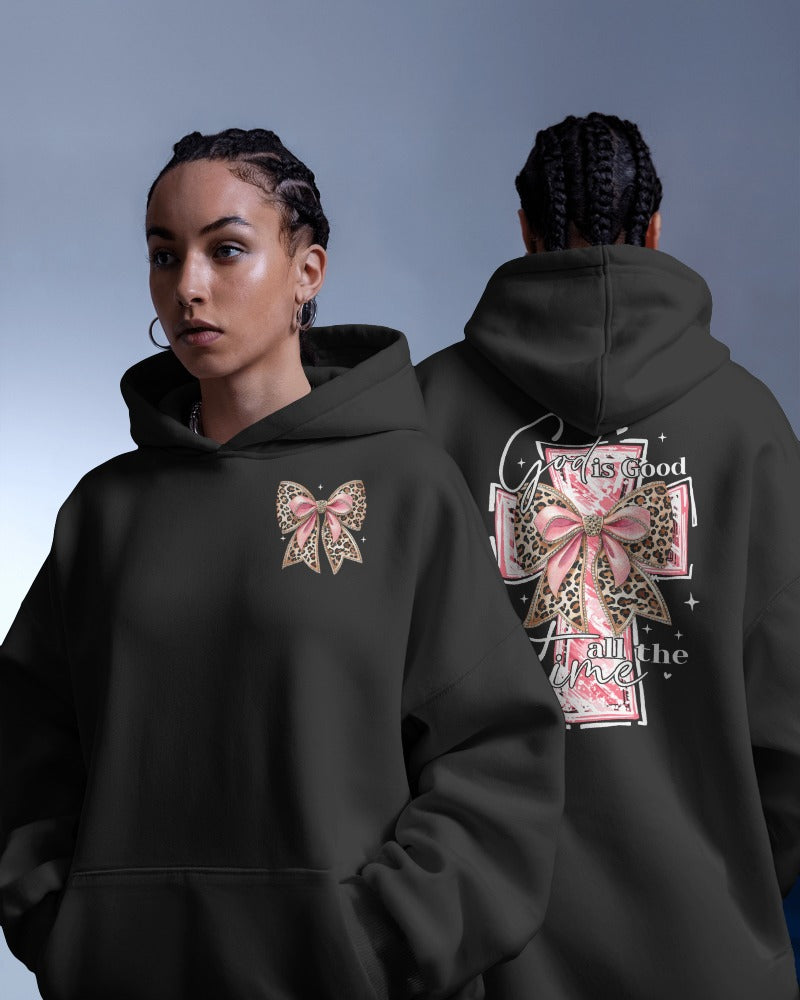 Leopard Print Bow Hoodie - Pink Ribbon Design Front & Back Graphic Sweatshirt