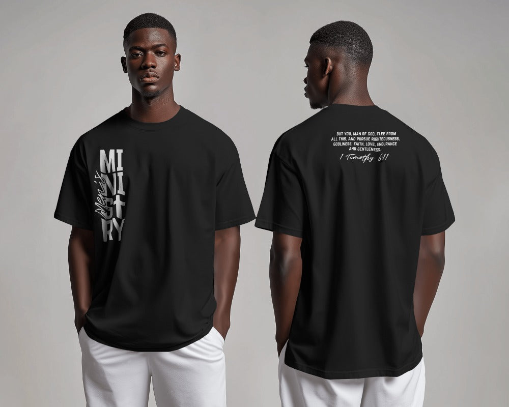 "Ministry" Christian Faith T-Shirt with 1 Timothy 6:11 Bible Verse - Inspirational Religious Tee