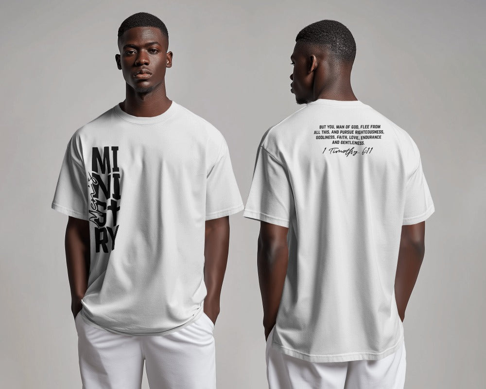 "Ministry" Christian Faith T-Shirt with 1 Timothy 6:11 Bible Verse - Inspirational Religious Tee