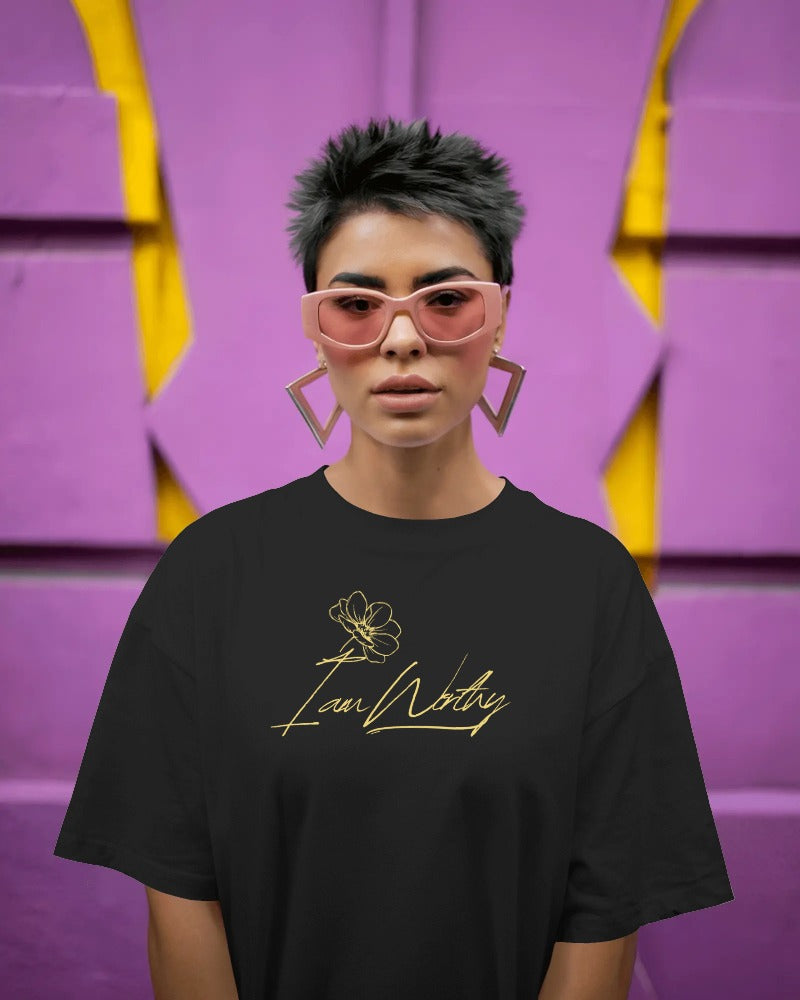 I Am Worthy – Gold Floral Affirmation Tee