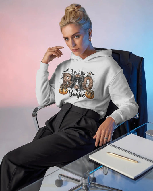 "I Put the Boo in Boujee Halloween Hoodie – Cozy Graphic Sweatshirt for Fall & Spooky Season"