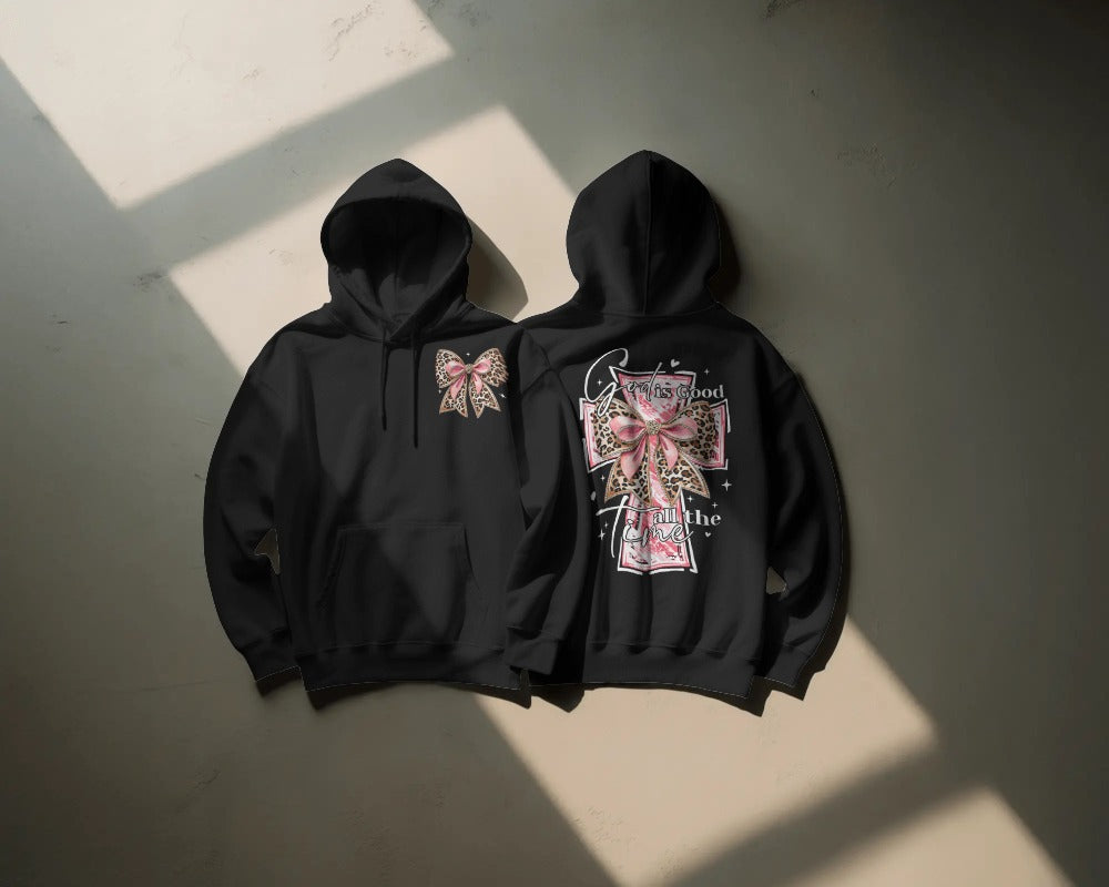 Leopard Print Bow Hoodie - Pink Ribbon Design Front & Back Graphic Sweatshirt