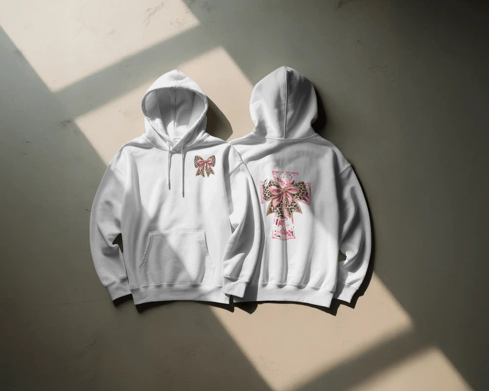 Leopard Print Bow Hoodie - Pink Ribbon Design Front & Back Graphic Sweatshirt