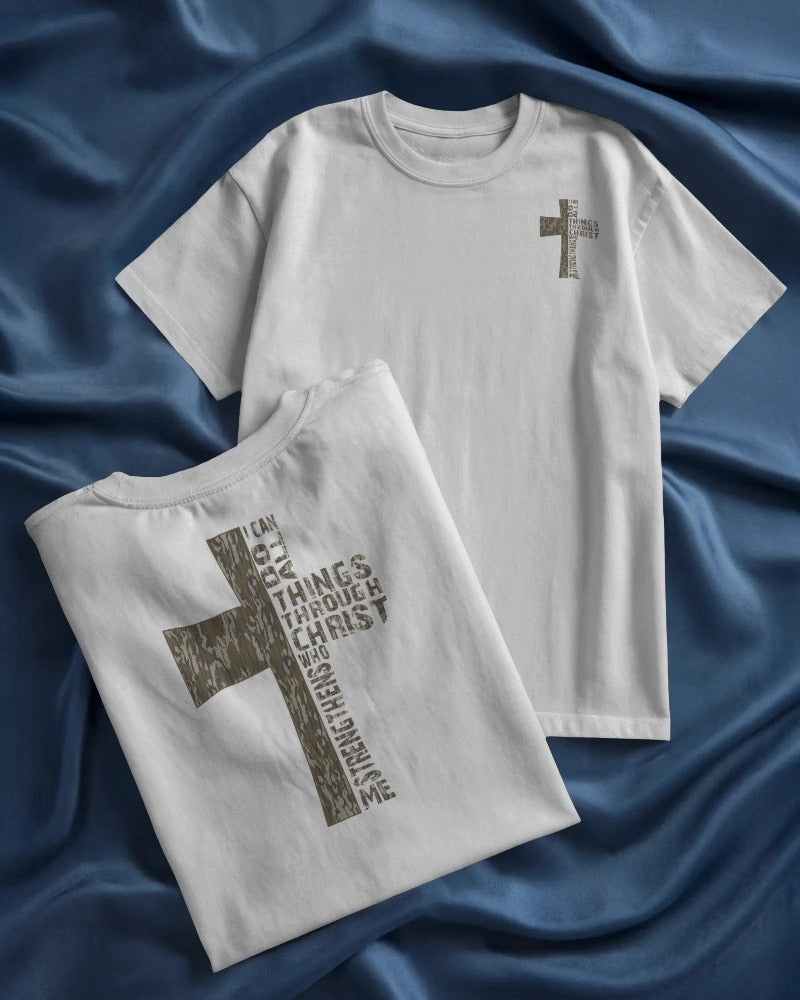 Christian Cross Scripture Typography T-Shirt - Faith Inspirational Religious Graphic Tee