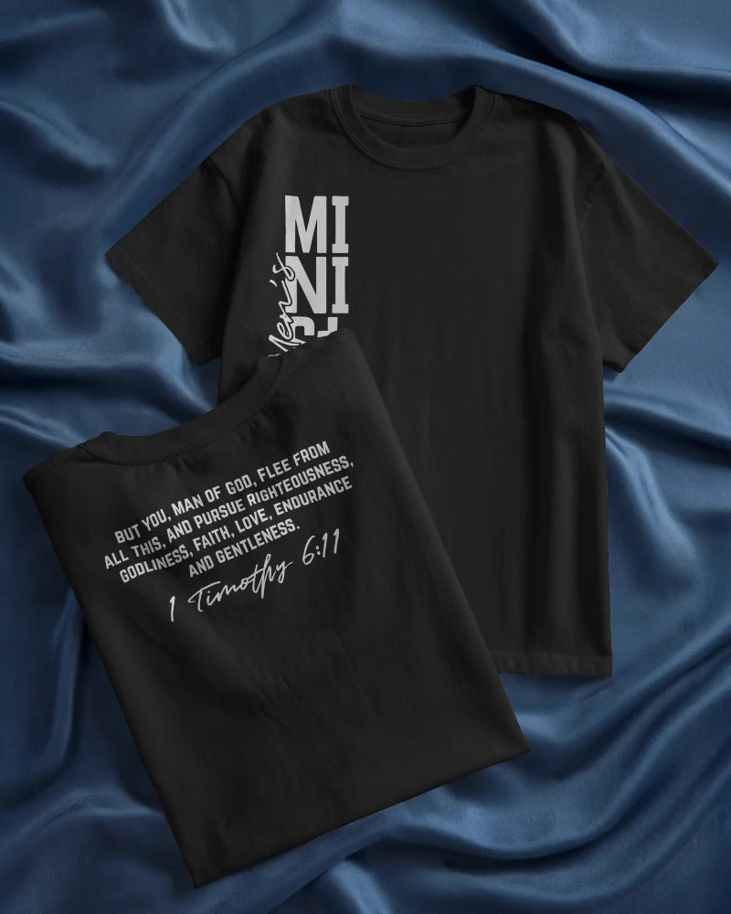 "Ministry" Christian Faith T-Shirt with 1 Timothy 6:11 Bible Verse - Inspirational Religious Tee
