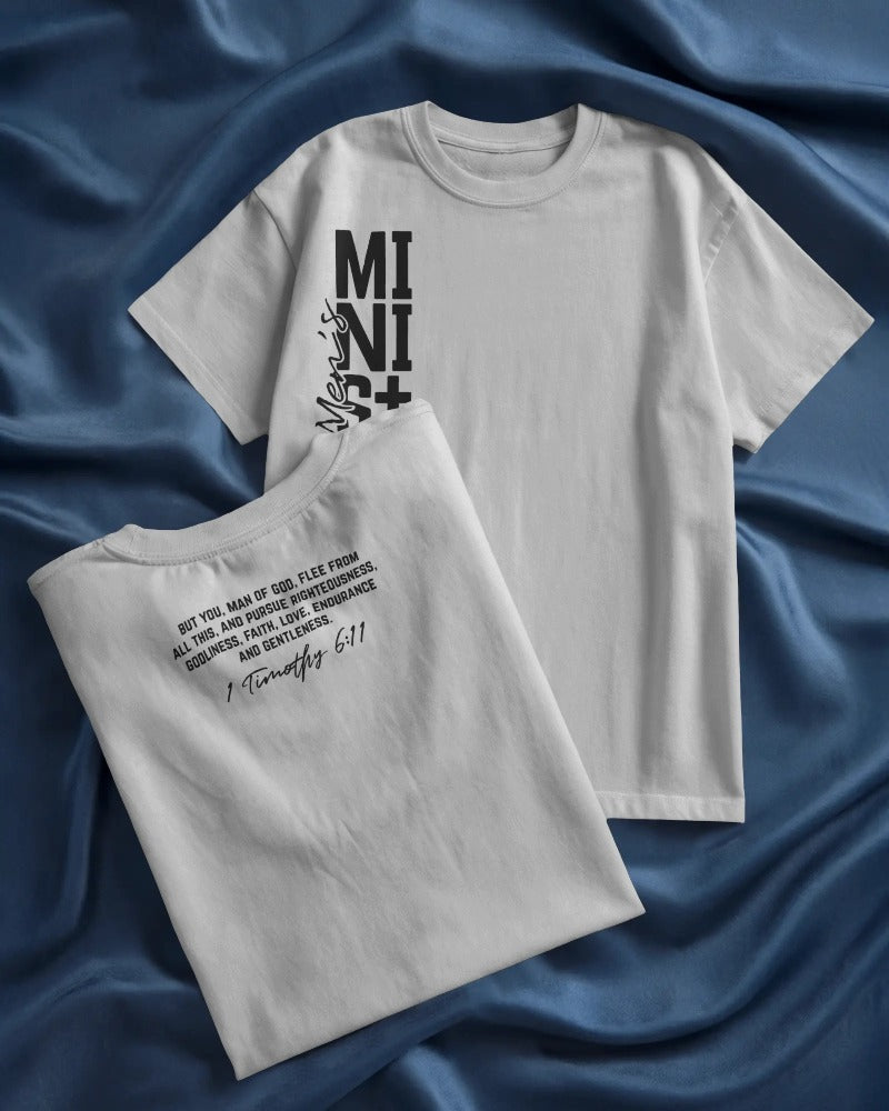 "Ministry" Christian Faith T-Shirt with 1 Timothy 6:11 Bible Verse - Inspirational Religious Tee