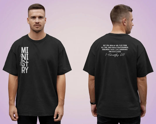 "Ministry" Christian Faith T-Shirt with 1 Timothy 6:11 Bible Verse - Inspirational Religious Tee