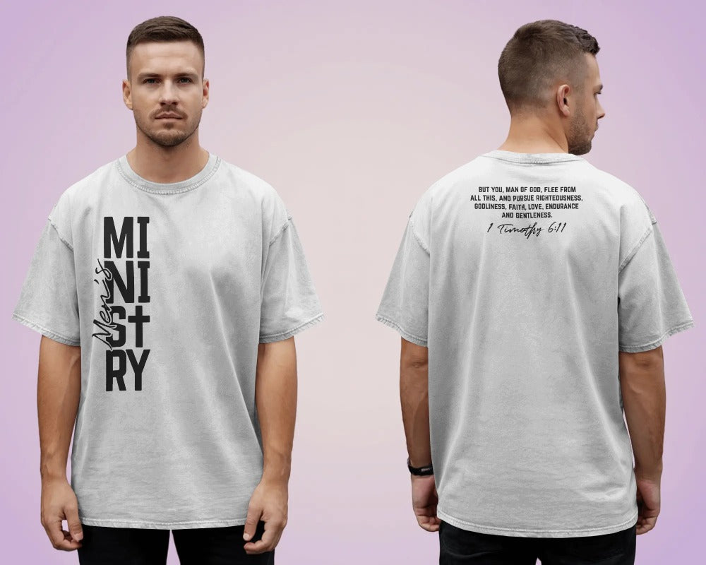 "Ministry" Christian Faith T-Shirt with 1 Timothy 6:11 Bible Verse - Inspirational Religious Tee