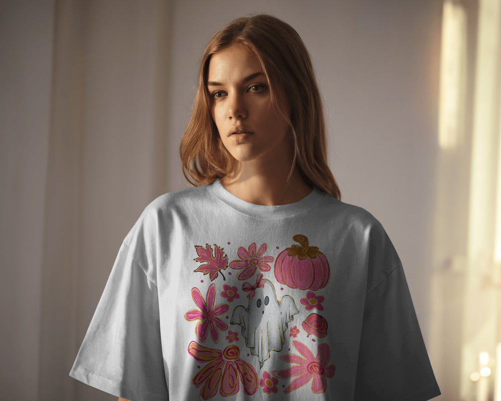 Pink Autumn Haunt Tee Cute Ghost & Fall Vibes