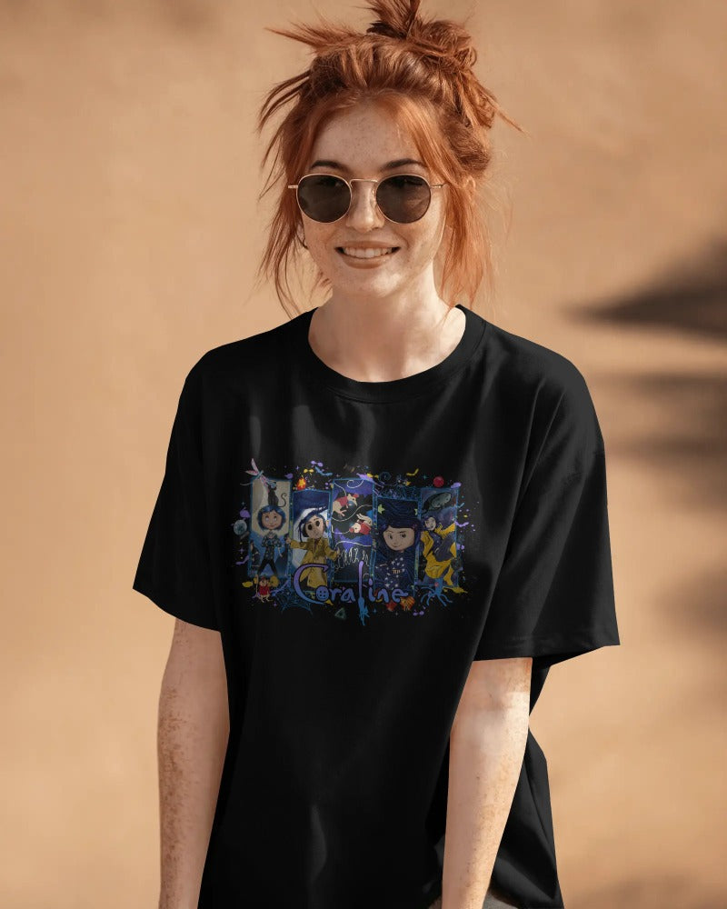 Coraline Movie Character Collage T-Shirt - Gothic Fantasy Film Fan Art Graphic Tee