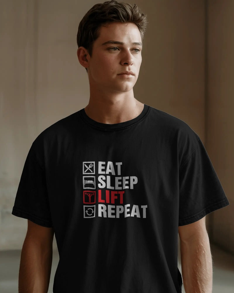 "Eat Sleep Lift Repeat" Men's Cotton T-Shirt - Gym Life Checklist Graphic Tee