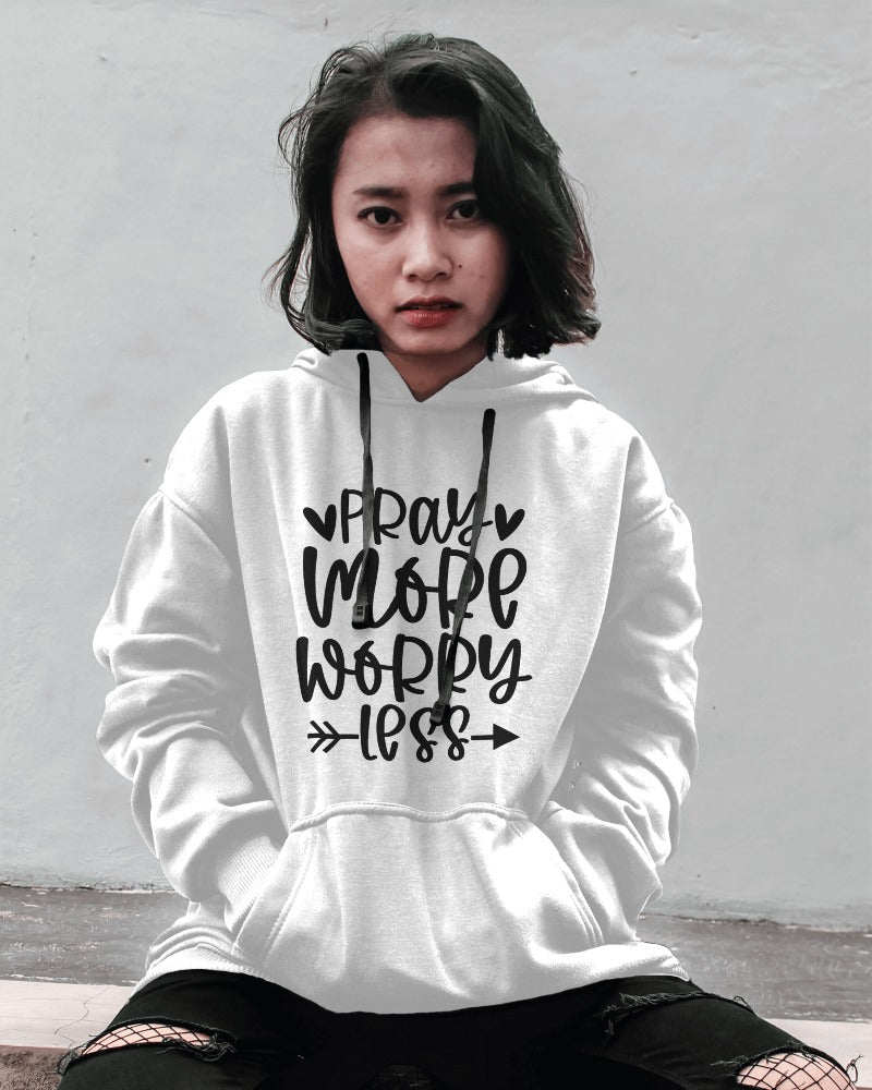 "Pray More Worry Less Hoodie – Inspirational Faith Graphic Hoodie"