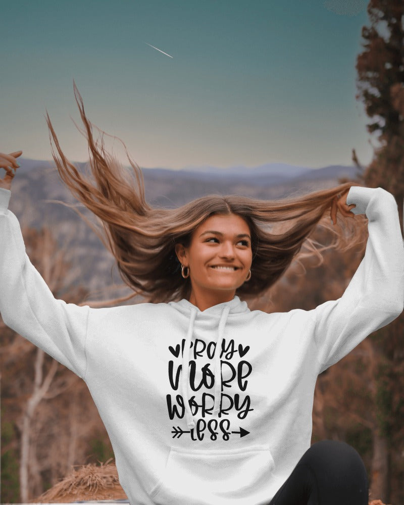 "Pray More Worry Less Hoodie – Inspirational Faith Graphic Hoodie"