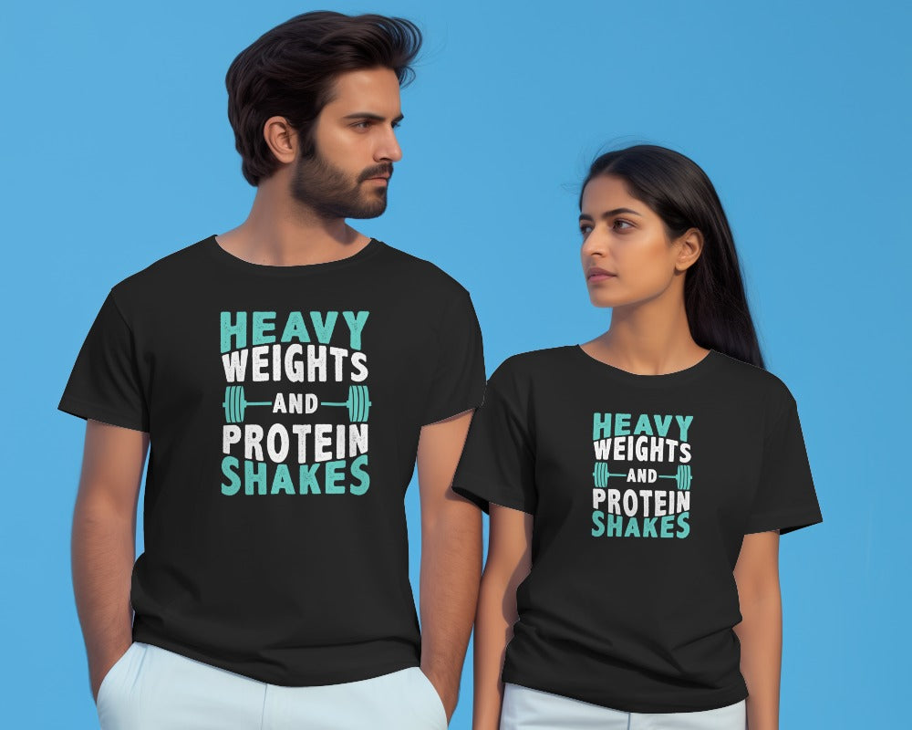 "Heavy Weights and Protein Shakes" Black Fitness Shirt - Gym Lifestyle Graphic Tee