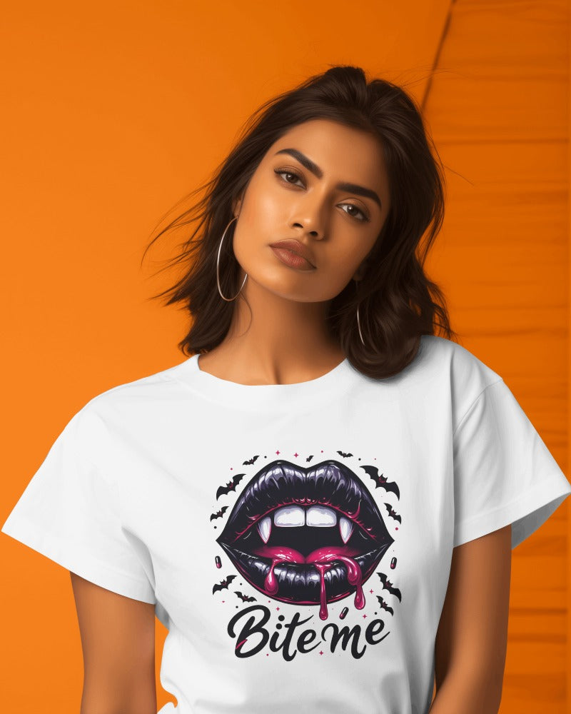 "Bite Me" Vampire Lips T-Shirt - Gothic Fangs Design Tee with Dark Humor Quote