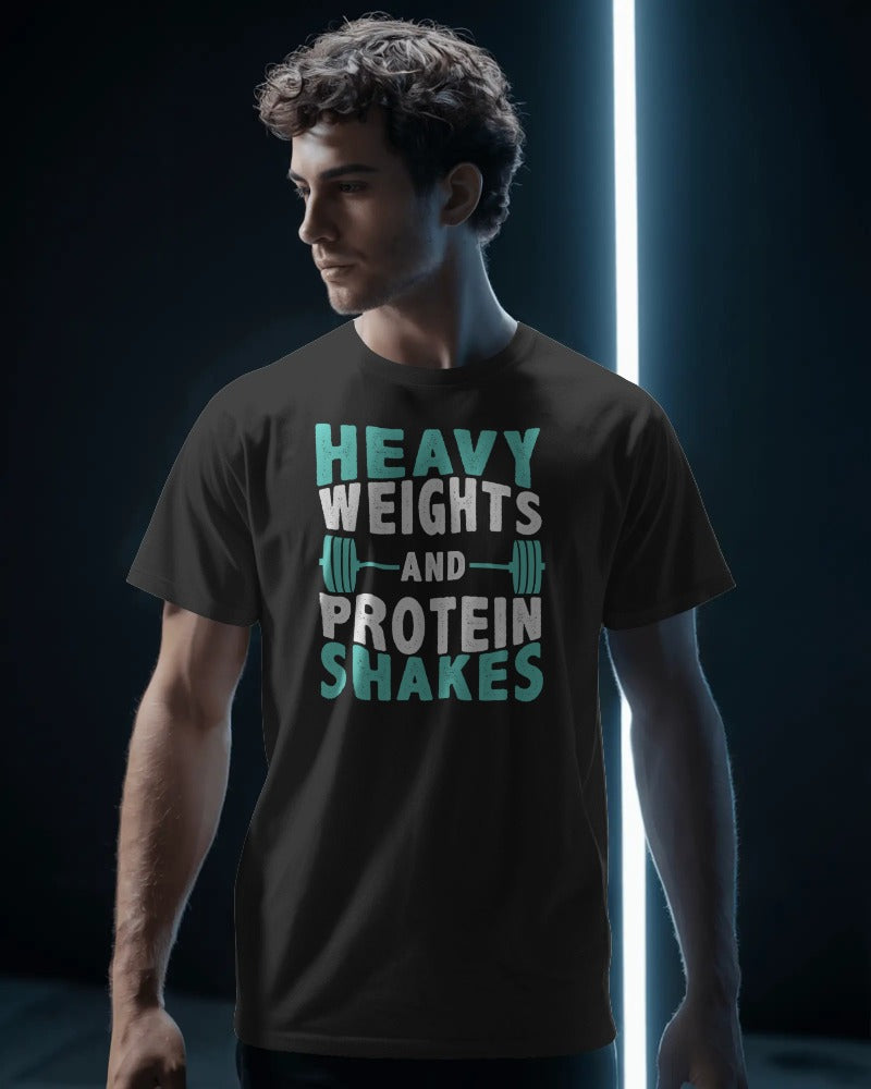 "Heavy Weights and Protein Shakes" Black Fitness Shirt - Gym Lifestyle Graphic Tee
