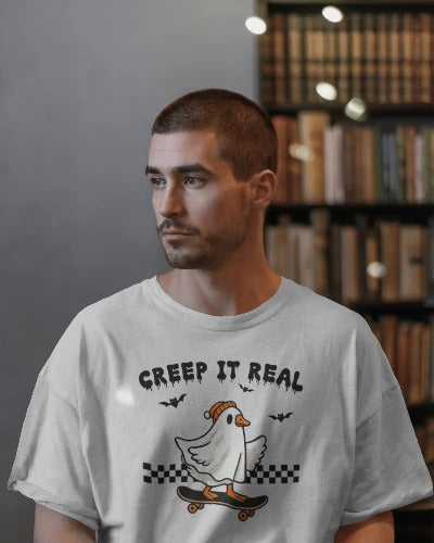 Creep It Real Halloween T-Shirt - Skateboarding Ghost Graphic Tee - Funny Halloween Skater Shirt