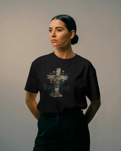 Grow in Grace 2 Peter 3:18 Christian T-Shirt - Faith Inspirational Floral Cross Tee - Religious Women's Apparel