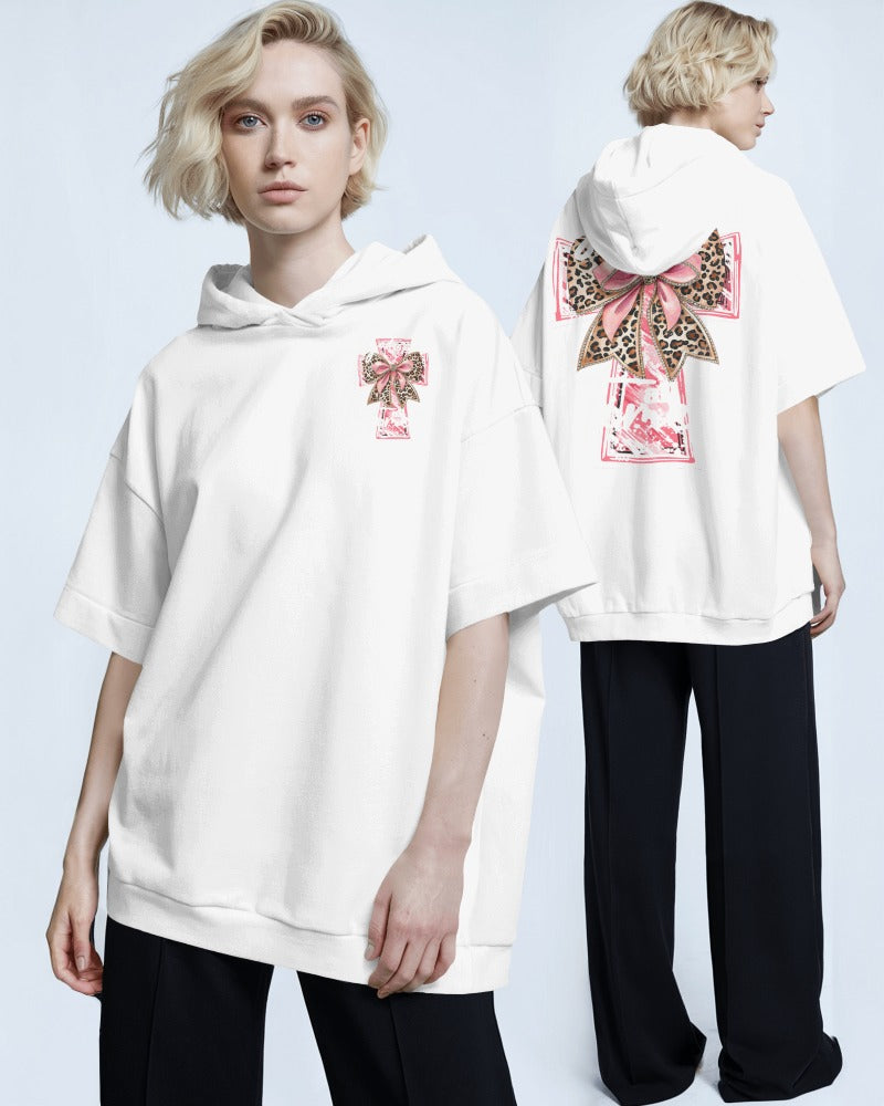 Leopard Print Bow Hoodie - Pink Ribbon Design Front & Back Graphic Sweatshirt