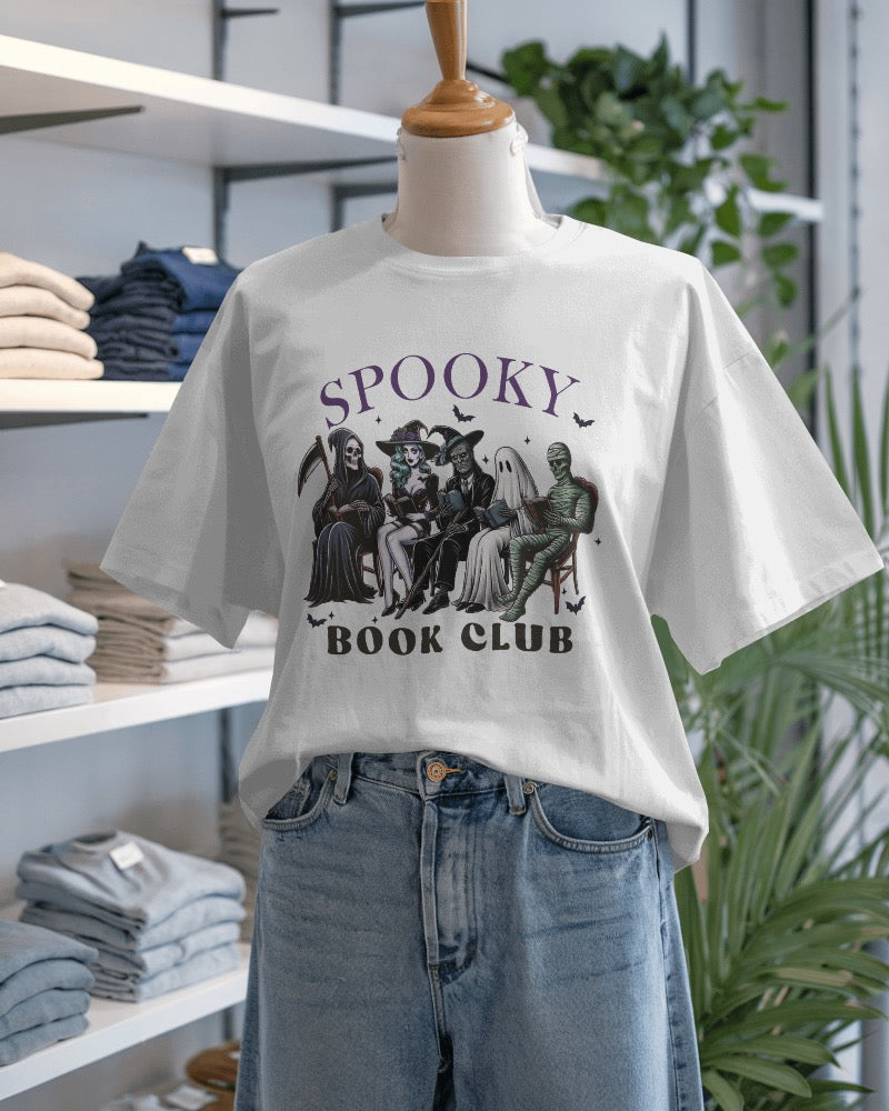 Spooky Book Club Graphic Tee Halloween Squad on a Bench