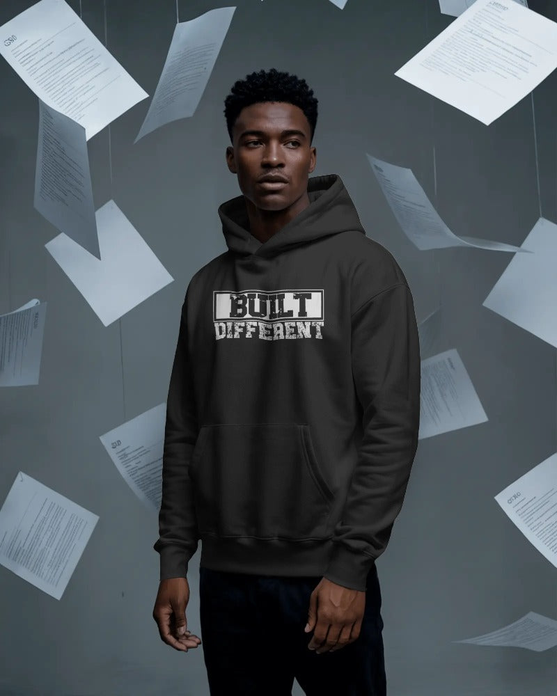"Built Different" Motivational Hoodie - Bold Typography Pullover Sweatshirt with Unique Mindset Message