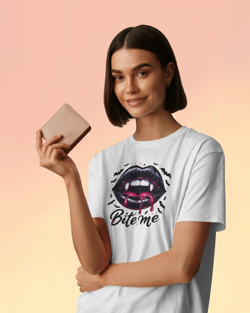 "Bite Me" Vampire Lips T-Shirt - Gothic Fangs Design Tee with Dark Humor Quote