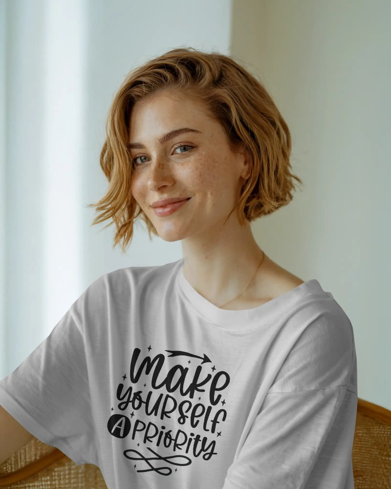 "Make Yourself a Priority" Self-Care T-Shirt - Motivational Quote Tee with Hand-Lettered Design