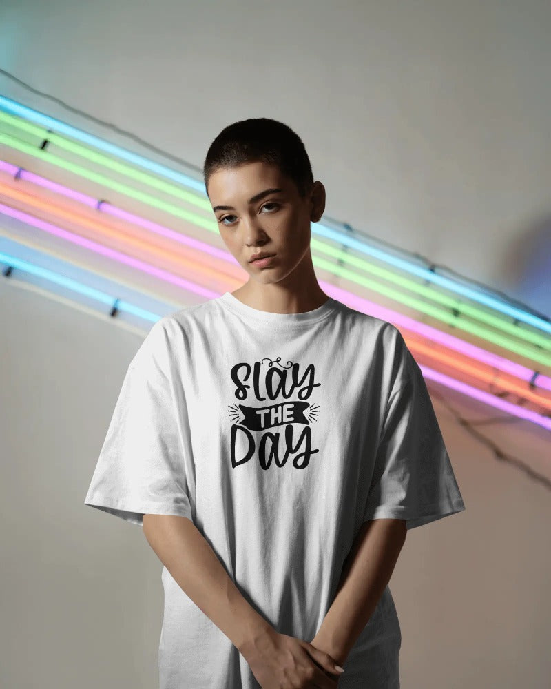 "Slay The Day" Motivational T-Shirt - Empowerment Quote Tee with Bold Typography Design