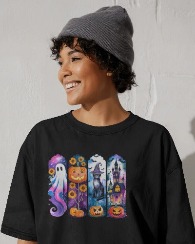 Halloween Spooky Scenes T-Shirt - Ghost Pumpkin Cat Witch Graphic Tee - Women's Halloween Party Shirt