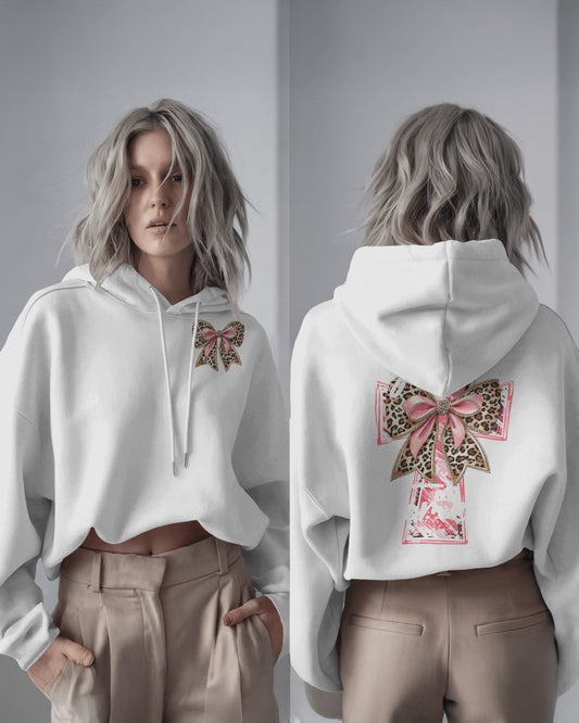 Leopard Print Bow Hoodie - Pink Ribbon Design Front & Back Graphic Sweatshirt
