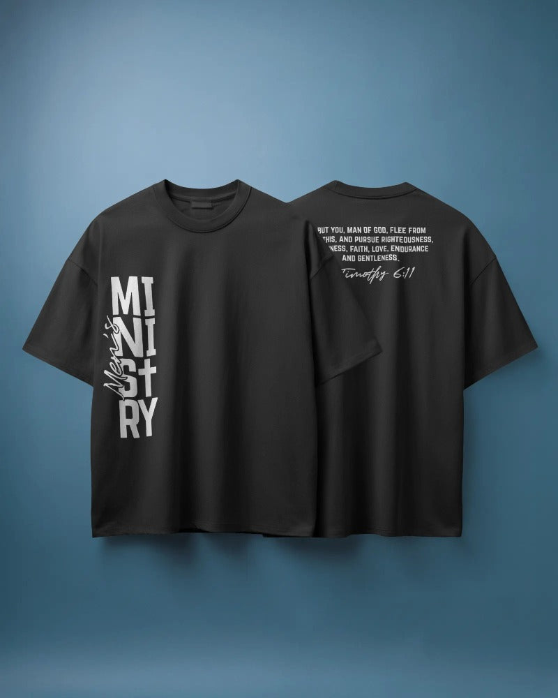 "Ministry" Christian Faith T-Shirt with 1 Timothy 6:11 Bible Verse - Inspirational Religious Tee