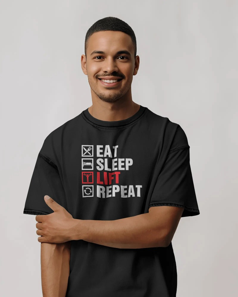 "Eat Sleep Lift Repeat" Men's Cotton T-Shirt - Gym Life Checklist Graphic Tee