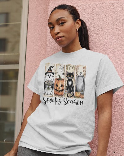 Spooky Season Halloween T-Shirt - Cute Fall Autumn Graphic Tee with Pumpkins & Ghosts