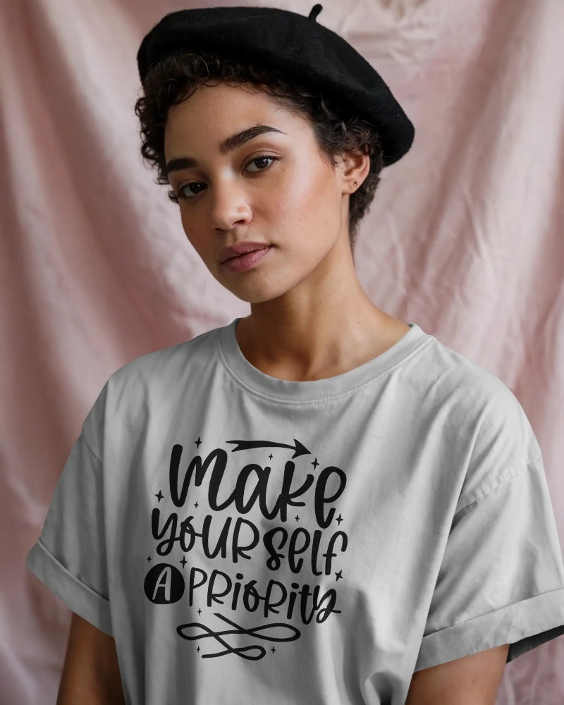 "Make Yourself a Priority" Self-Care T-Shirt - Motivational Quote Tee with Hand-Lettered Design
