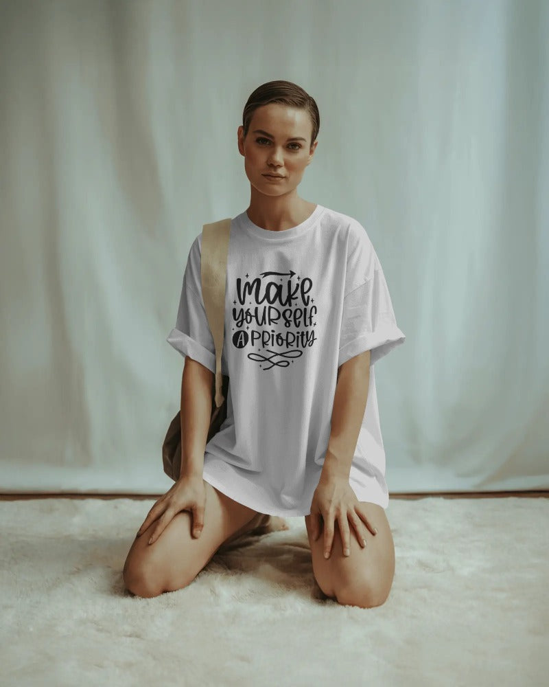 "Make Yourself a Priority" Self-Care T-Shirt - Motivational Quote Tee with Hand-Lettered Design