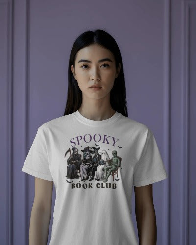 Spooky Book Club Graphic Tee Halloween Squad on a Bench