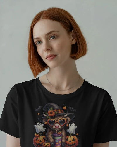Halloween Cow with Witch Hat T-Shirt - Spooky Farm Animal Graphic Tee - Cute Halloween Pumpkin Shirt