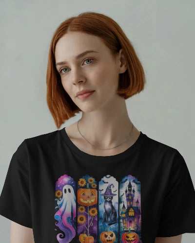 Halloween Spooky Scenes T-Shirt - Ghost Pumpkin Cat Witch Graphic Tee - Women's Halloween Party Shirt