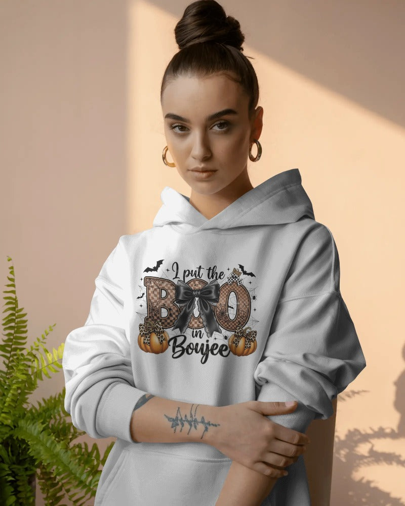 "I Put the Boo in Boujee Halloween Hoodie – Cozy Graphic Sweatshirt for Fall & Spooky Season"