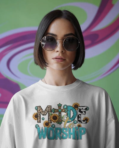 Made to Worship Christian T-Shirt - Faith Based Sunflower Cow Print Tee