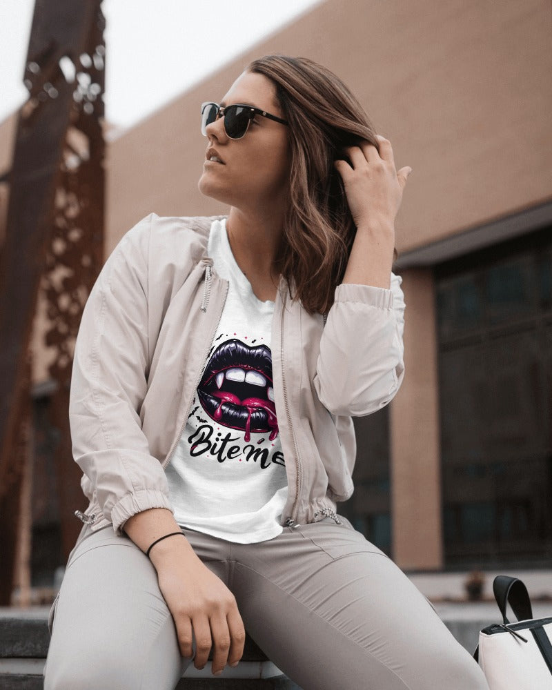 "Bite Me" Vampire Lips T-Shirt - Gothic Fangs Design Tee with Dark Humor Quote
