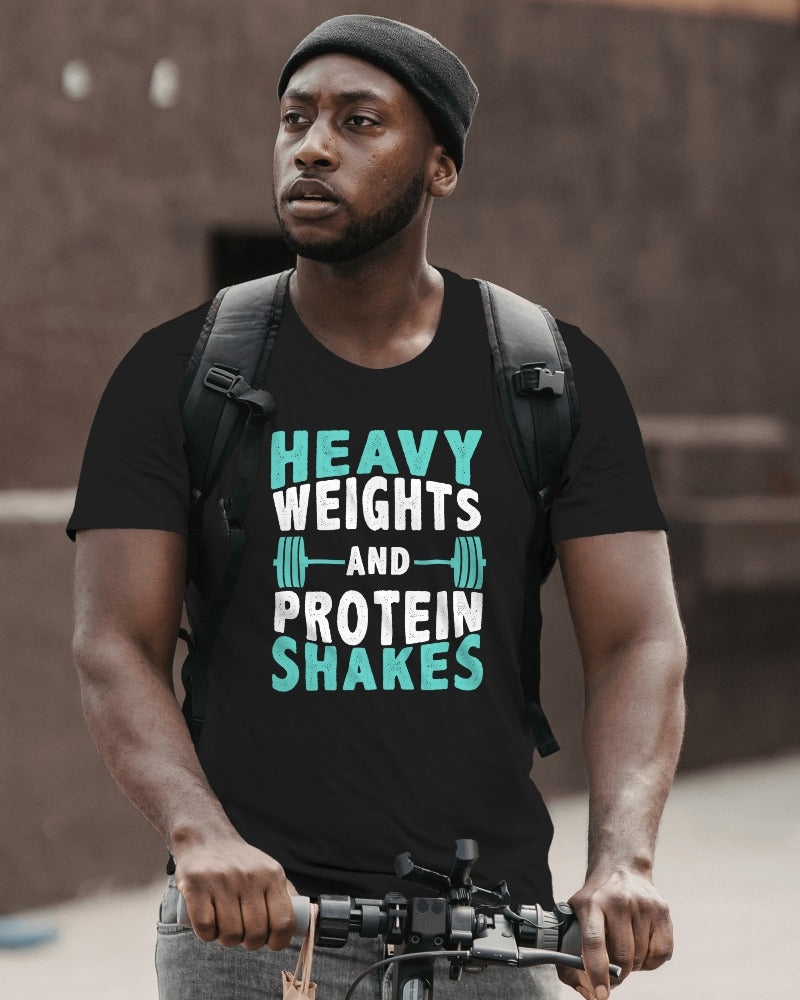 "Heavy Weights and Protein Shakes" Black Fitness Shirt - Gym Lifestyle Graphic Tee